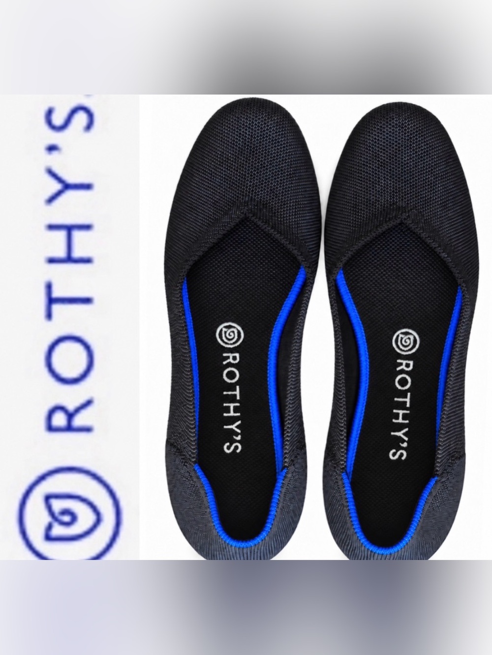 Rothy’s Black Knit Round Ballet Flats with Blue Trim- size 9.5